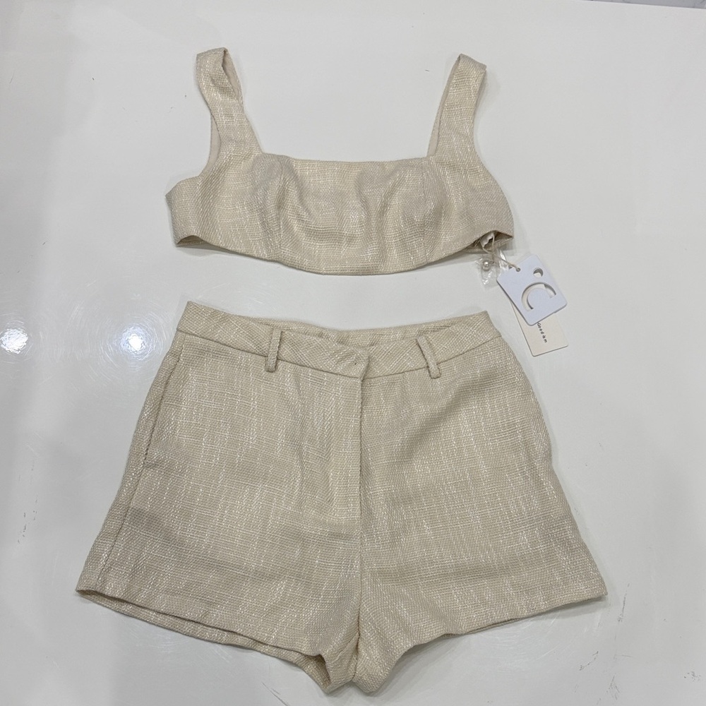 Commence Cream Two-Piece Tweed Crop Top & High-Waist Shorts Set NWT